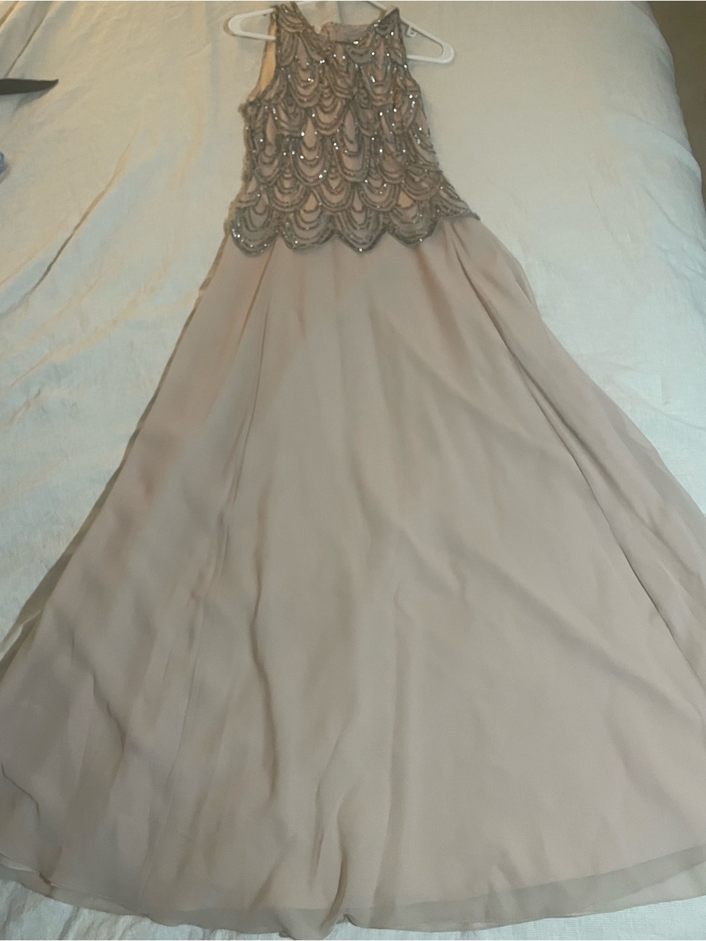 Embellished Chiffon A-Line Evening Dress in Taupe